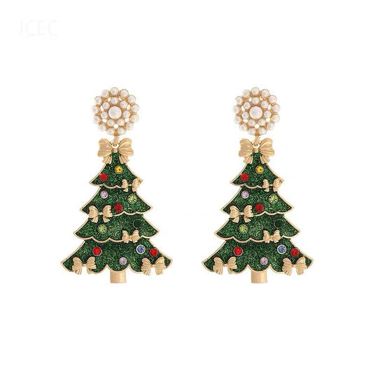 Green Christmas Tree Pearl Stud Earrings Autumn and Winter Graceful Mori Design Sense Niche Unique Refined Stylish and Versatile Earrings